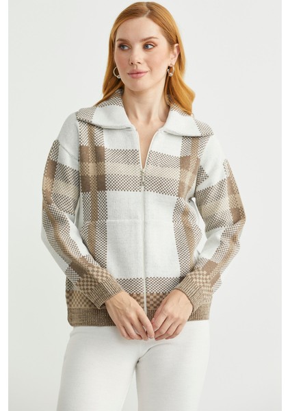 Ekose Blok Geçişli Yünlü Triko Hırka - Bej modelleri