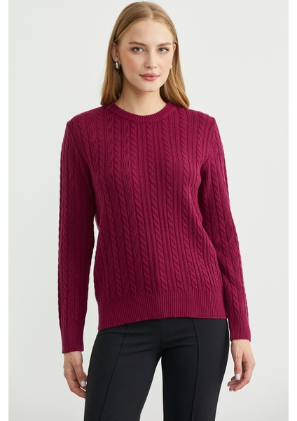 Sıfır Yaka Motif Detaylı Triko Kazak - Bordo