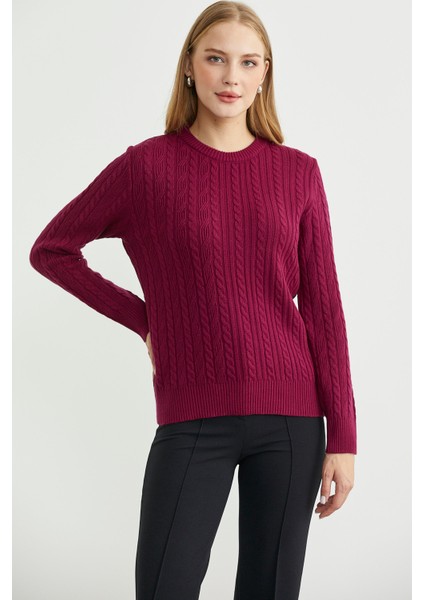 Sıfır Yaka Motif Detaylı Triko Kazak - Bordo modelleri