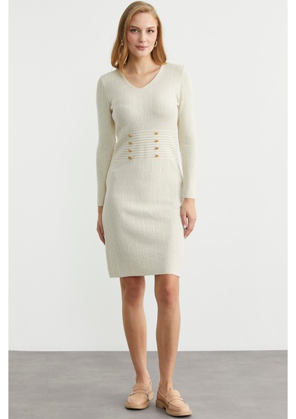 Düğme Detaylı V Yaka Triko Elbise - Taş