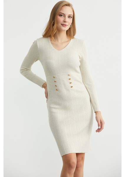 Düğme Detaylı V Yaka Triko Elbise - Taş modelleri