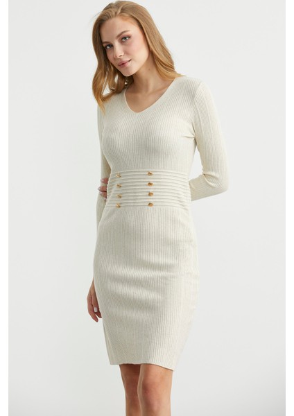 Düğme Detaylı V Yaka Triko Elbise - Taş fırsatları