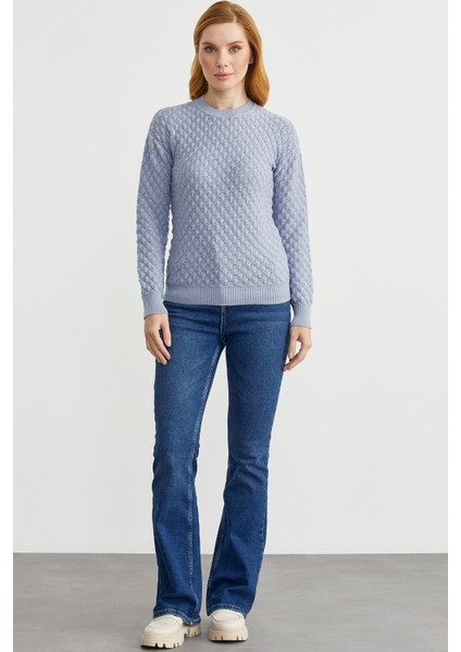 Motifli Sıfır Yaka Triko Kazak - Mavi