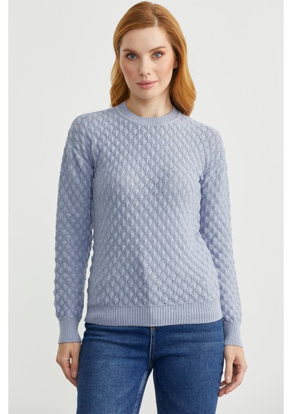 Motifli Sıfır Yaka Triko Kazak - Mavi fiyatları