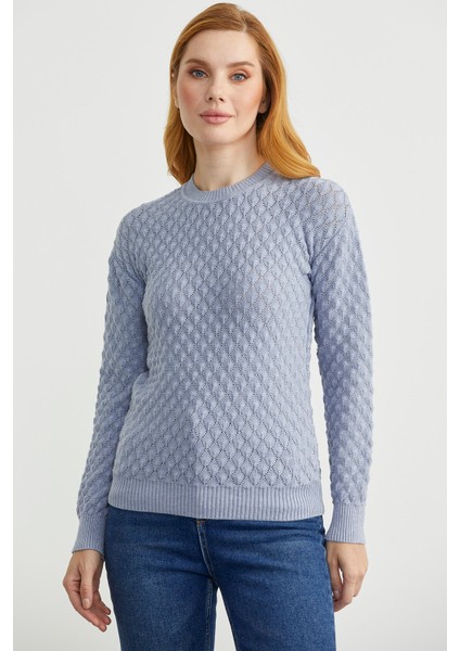 Motifli Sıfır Yaka Triko Kazak - Mavi modelleri