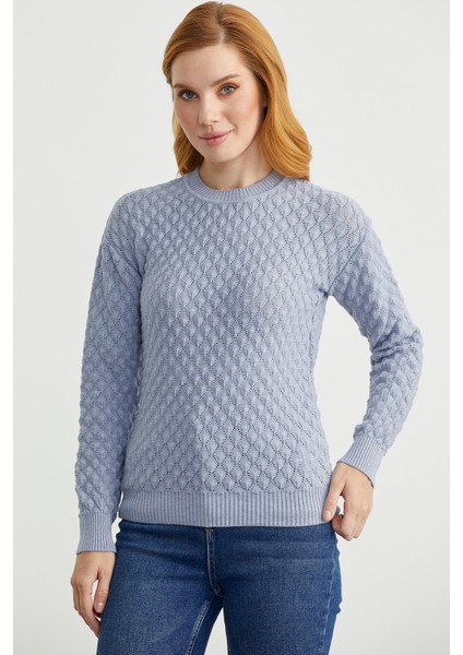 Motifli Sıfır Yaka Triko Kazak - Mavi fırsatları