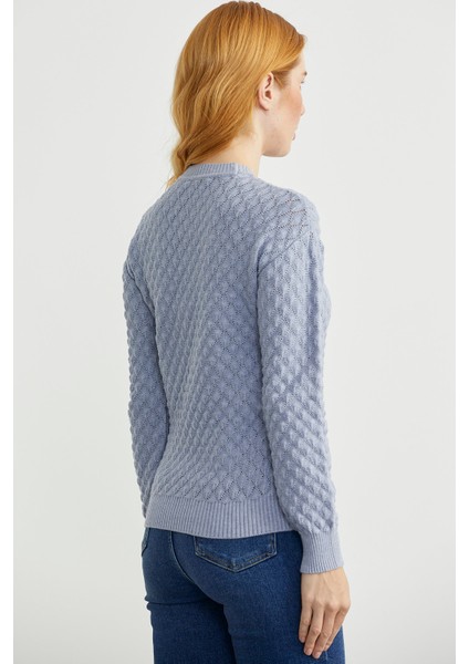 Motifli Sıfır Yaka Triko Kazak - Mavi indirimleri