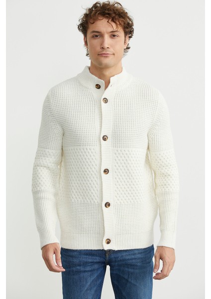 Petek Motifli Dik Yaka Triko Hırka - Kemik