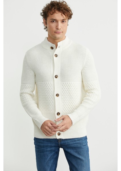 Petek Motifli Dik Yaka Triko Hırka - Kemik fiyatları