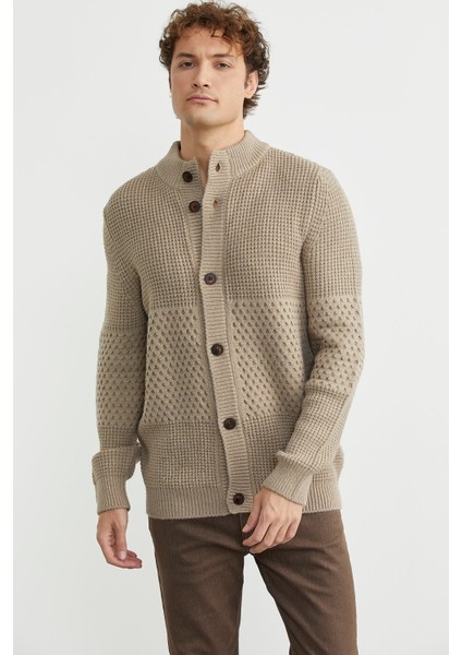 Petek Motifli Dik Yaka Triko Hırka - Kamel fiyatları