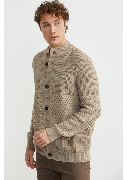 Petek Motifli Dik Yaka Triko Hırka - Kamel modelleri