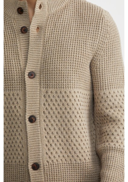 Petek Motifli Dik Yaka Triko Hırka - Kamel fırsatları