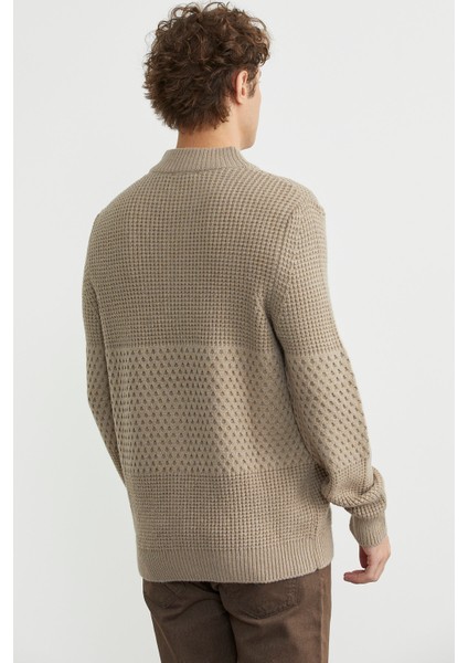 Petek Motifli Dik Yaka Triko Hırka - Kamel indirimleri