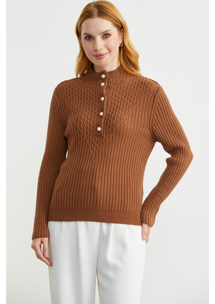 Önü Düğmeli Dik Yaka Triko Kazak - Taba fiyatları