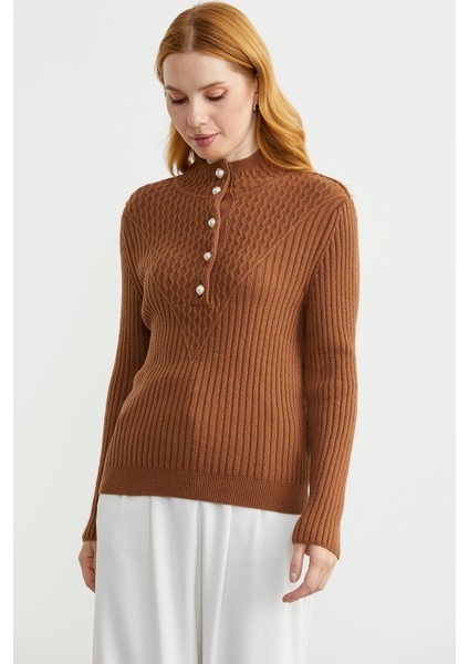 Önü Düğmeli Dik Yaka Triko Kazak - Taba modelleri