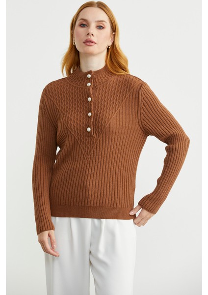 Önü Düğmeli Dik Yaka Triko Kazak - Taba fırsatları