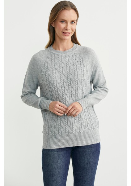 Motifli Daire Yaka Triko Kazak - Açık Gri