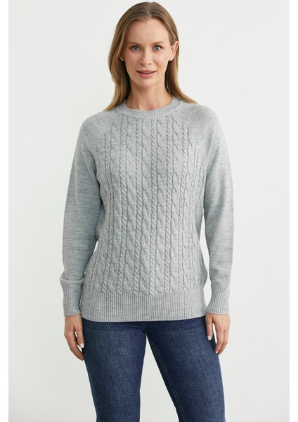 Motifli Daire Yaka Triko Kazak - Açık Gri fiyatları