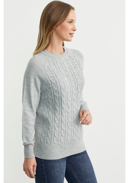 Motifli Daire Yaka Triko Kazak - Açık Gri modelleri