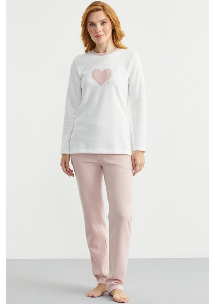 Kışlık Yumuşak Dokulu Fitilli Pijama Takım - Pembe