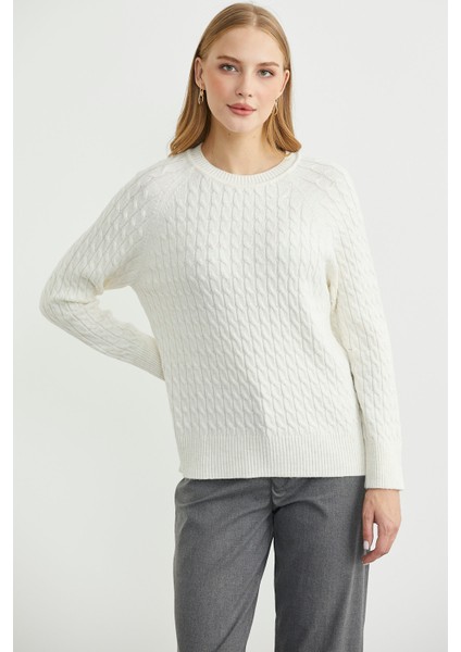 Saç Örgü Motifli Yuvarlak Yaka Triko Kazak - Kemik modelleri