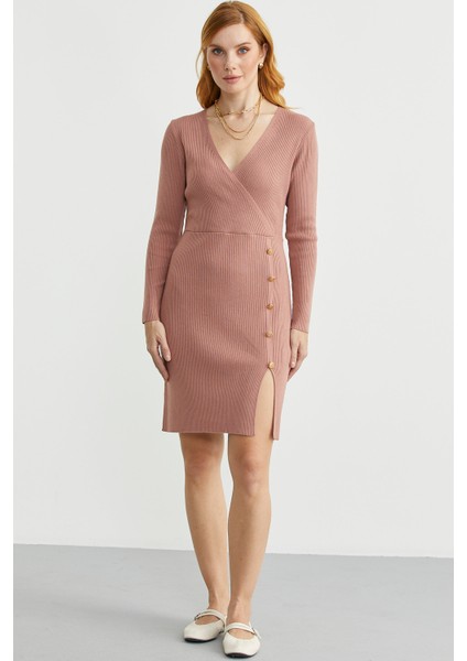 Kruvaze Düğme Detaylı Triko Elbise - Gül