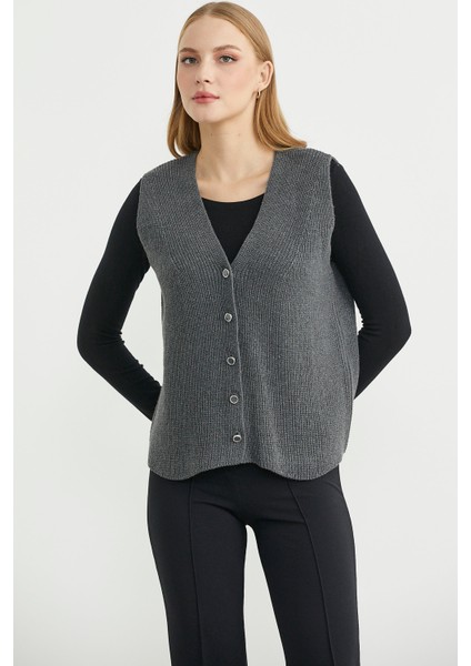 Selanik Örgü Düğmeli Yünlü Triko Yelek - Koyu Gri
