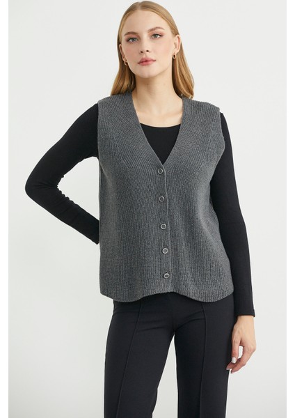 Selanik Örgü Düğmeli Yünlü Triko Yelek - Koyu Gri fiyatları