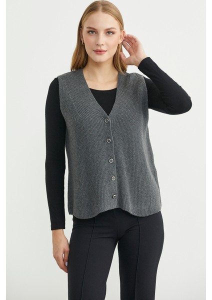 Selanik Örgü Düğmeli Yünlü Triko Yelek - Koyu Gri modelleri