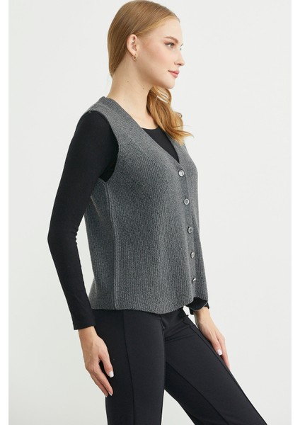Selanik Örgü Düğmeli Yünlü Triko Yelek - Koyu Gri fırsatları