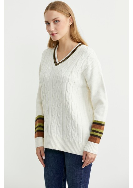 V Yaka Saç Örgülü Triko Kazak - Kemik modelleri