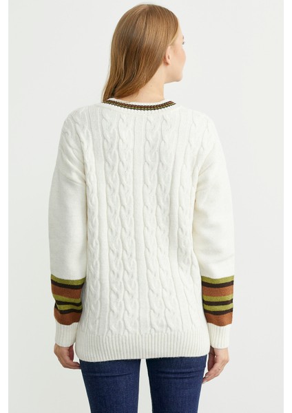 V Yaka Saç Örgülü Triko Kazak - Kemik indirimleri