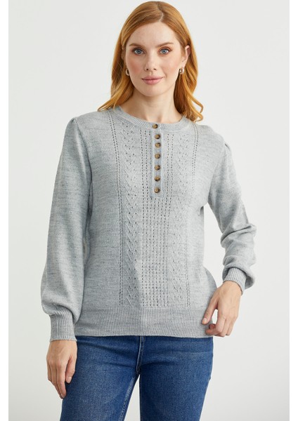 Yarım Düğmeli Yuvarlak Yaka Triko Kazak - Açık Gri