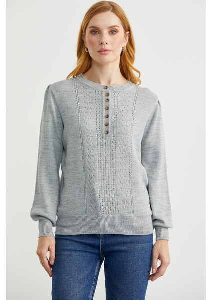 Yarım Düğmeli Yuvarlak Yaka Triko Kazak - Açık Gri fiyatları