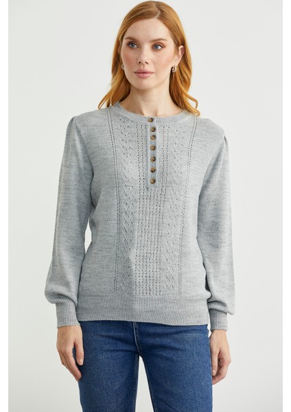 Yarım Düğmeli Yuvarlak Yaka Triko Kazak - Açık Gri modelleri