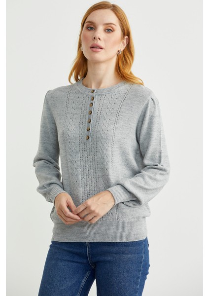 Yarım Düğmeli Yuvarlak Yaka Triko Kazak - Açık Gri fırsatları