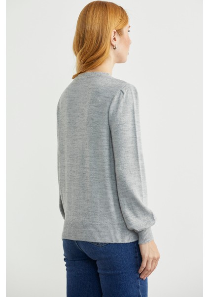 Yarım Düğmeli Yuvarlak Yaka Triko Kazak - Açık Gri indirimleri