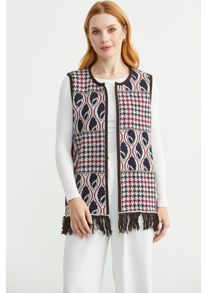 Desenli Bohem Yünlü Triko Yelek - Taş