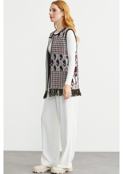 Desenli Bohem Yünlü Triko Yelek - Taş indirimleri