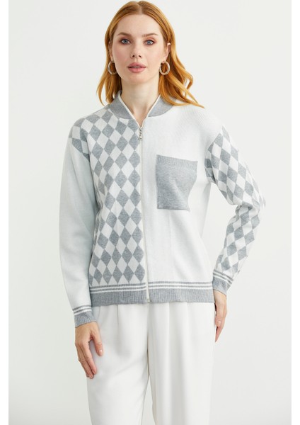 Fermuarlı Baklava Motifli Triko Hırka - Gri fiyatları