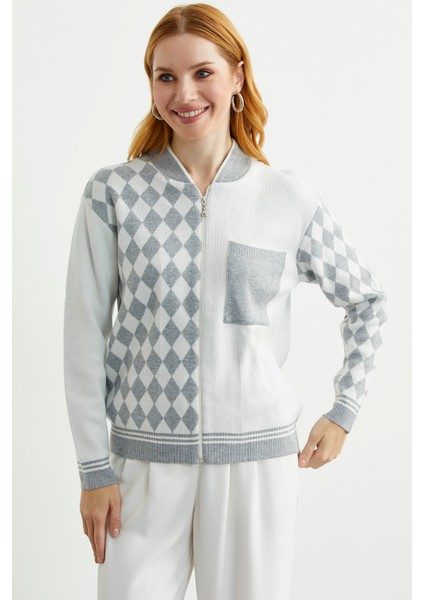 Fermuarlı Baklava Motifli Triko Hırka - Gri modelleri