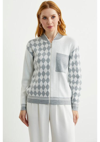 Fermuarlı Baklava Motifli Triko Hırka - Gri fırsatları