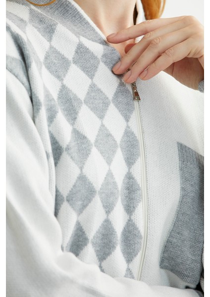 Fermuarlı Baklava Motifli Triko Hırka - Gri indirimleri