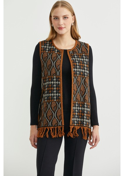 Desenli Bohem Yünlü Triko Yelek - Siyah