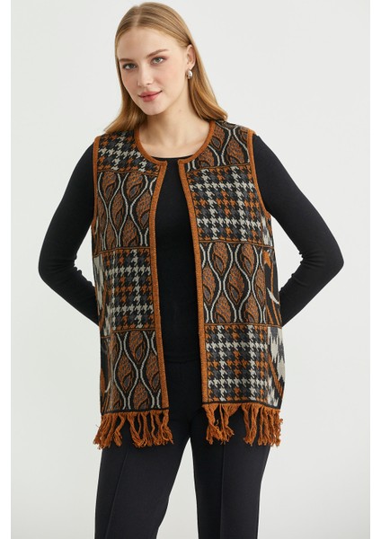 Desenli Bohem Yünlü Triko Yelek - Siyah modelleri