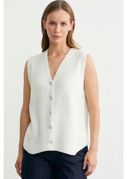 Selanik Örgü Düğmeli Yünlü Triko Yelek - Kemik