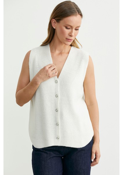 Selanik Örgü Düğmeli Yünlü Triko Yelek - Kemik fiyatları
