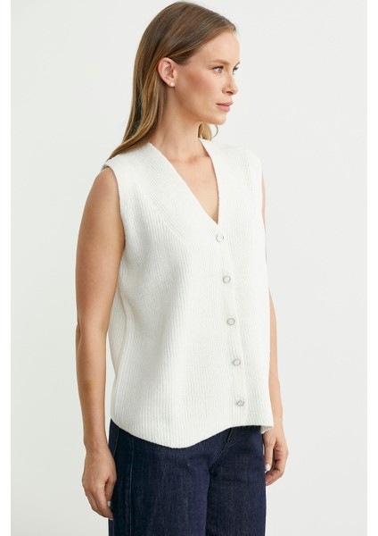 Selanik Örgü Düğmeli Yünlü Triko Yelek - Kemik modelleri