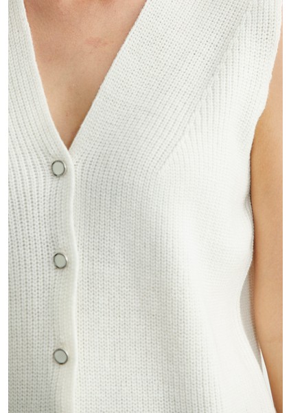 Selanik Örgü Düğmeli Yünlü Triko Yelek - Kemik fırsatları