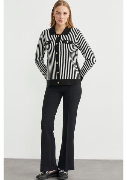 Çizgi Detaylı Yakalı Triko Ceket - Siyah fiyatları